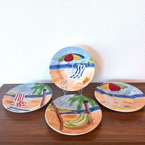 Stonelite Day At The Beach Set of FOUR 8.5" Salad Plates Beach Ocean Scene
